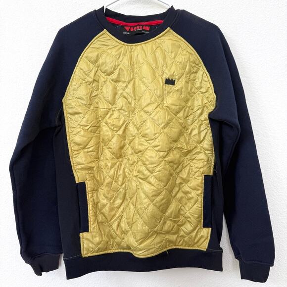 BASS by Ron Bass Sweatshirt Gold Quilted Panel Crewneck Urban Navy M Streetwear - Picture 1 of 7